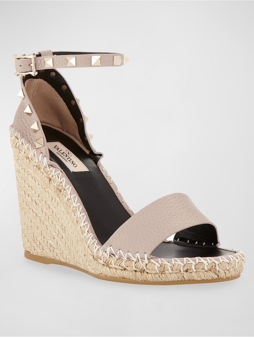 Valentino Garavani Beige and Black Rockstud Sandal with Gold Studs